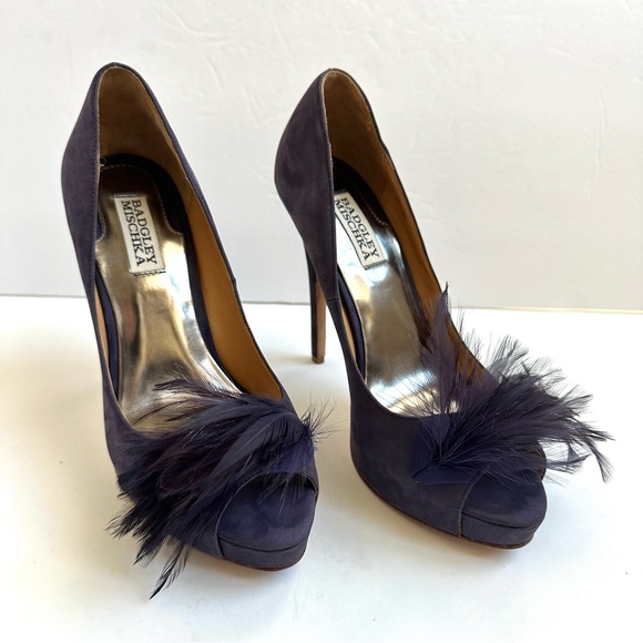 Badgley Mischka Shoes - Badgley Mischka Ginnie Purple Suede Peep Toe Feather Heel Pump 8
